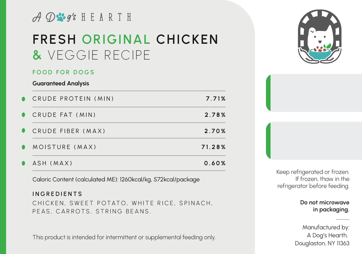 Chicken recipe guaranteed analysis label