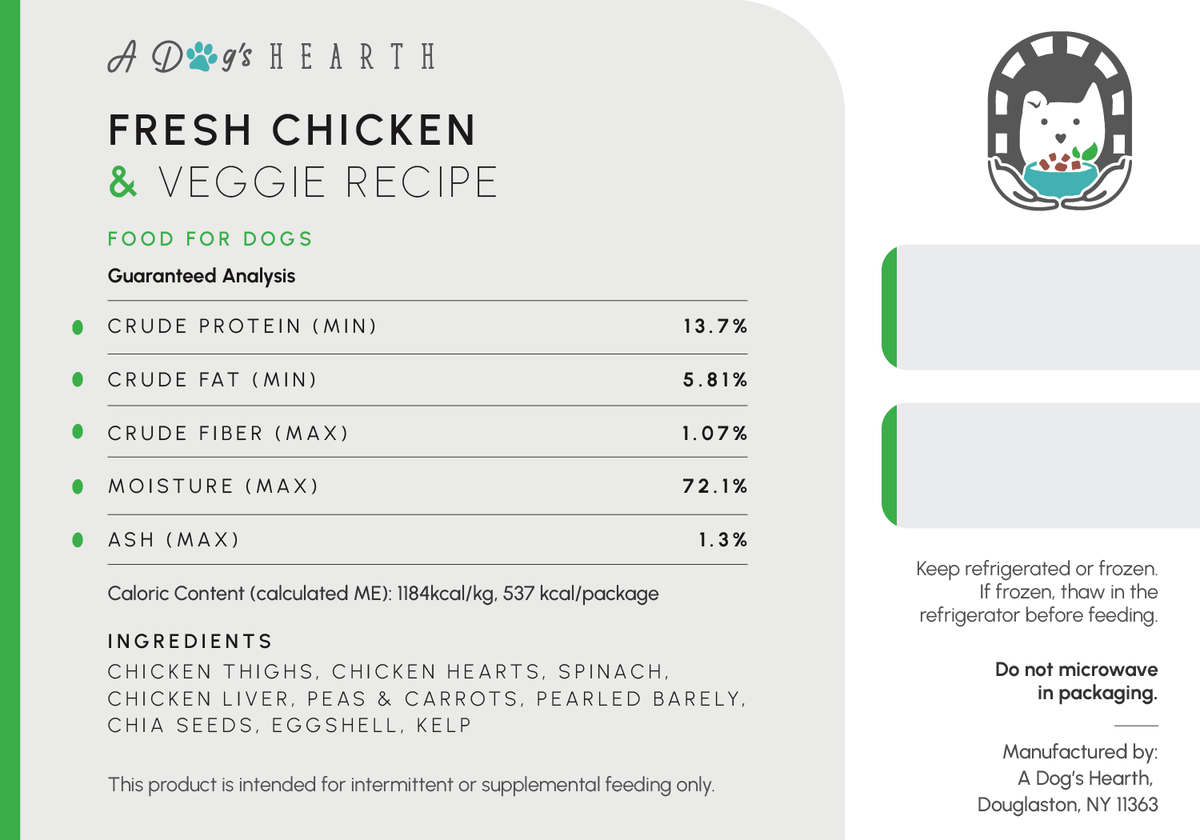 Chicken recipe guaranteed analysis label