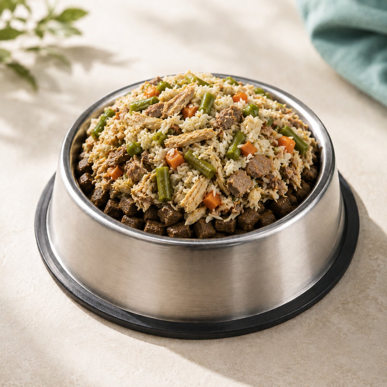 A stainless steel bowl with A Dog's Hearth fresh food mounded over kibble